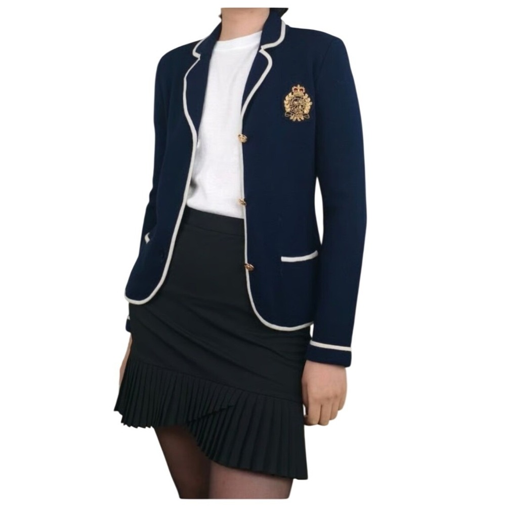 Ralph Lauren Navy Crest Emblem‎ Knit Blazer Jacket Women Gold Button Preppy - Picture 3 of 16